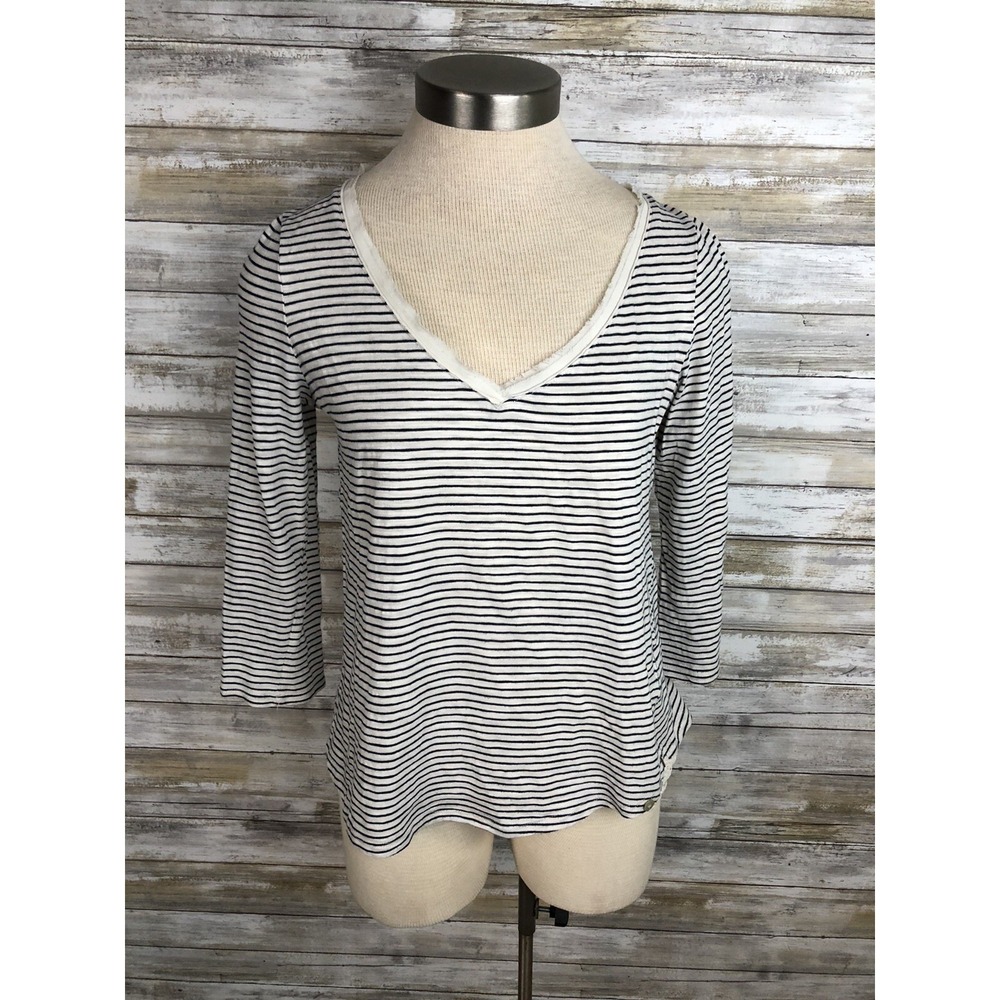 Meadow Rue TopAnthropologie  Blouse  Sz MP Navy Blue Striped Back Slit